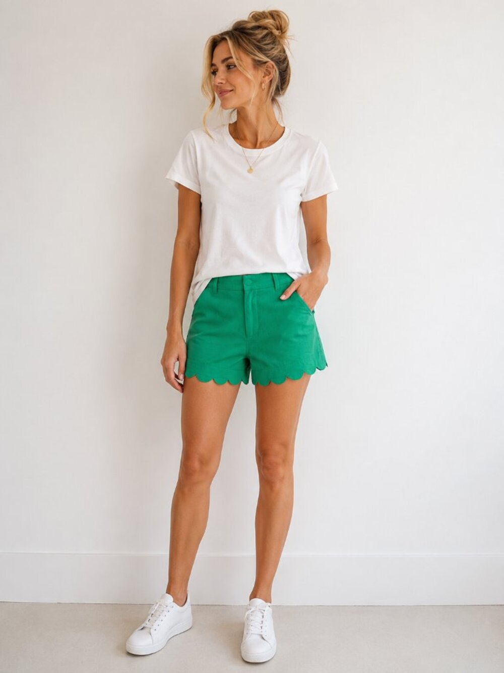 J.Crew 4" Linen-Cotton Scalloped Hem Shorts Green